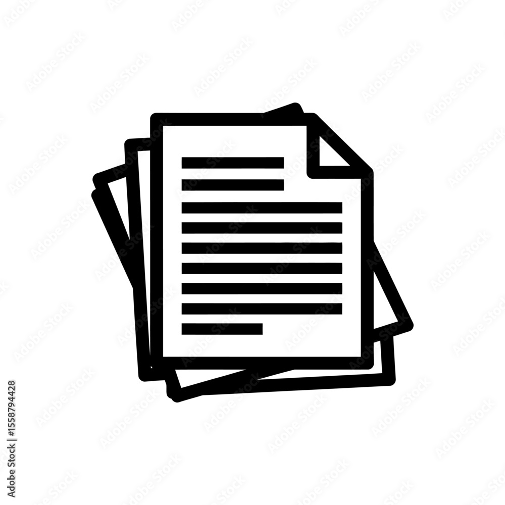 Poster a simple black and white line art illustration of a stack of paper documents with text lines