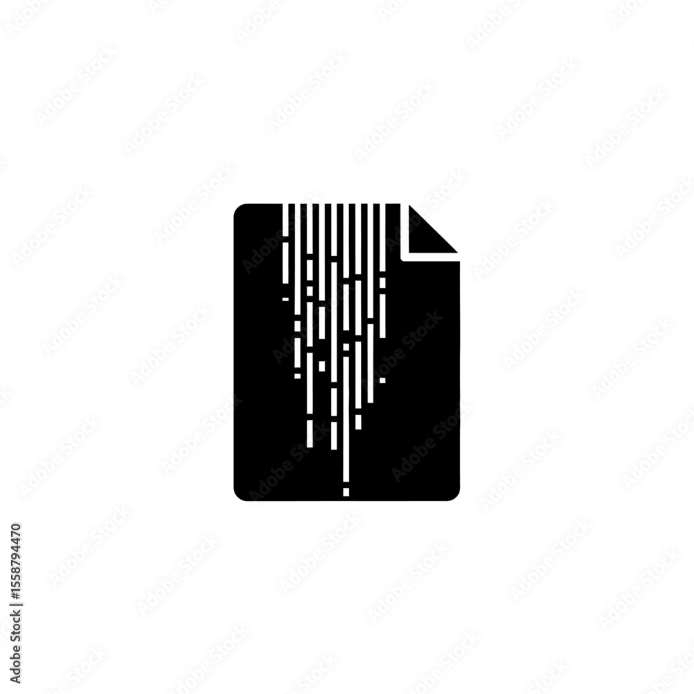 Poster black document icon with white vertical lines cascading down and a folded corner on a white backgrou