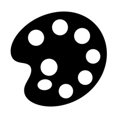 A black and white illustration of an artist's palette with multiple circular paint wells filled with white