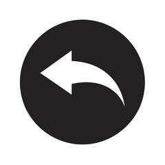 A circular black icon featuring a white arrow curving to the left on a plain white background space