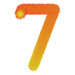 Furry orange and yellow number seven with a glowing center