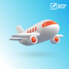 Realistic 3D icon modern passenger airplane flying in blue sky, aviation travel concept. Commercial airliner jet with white body and blue accents, vector illustration in EPS10 format, isolated