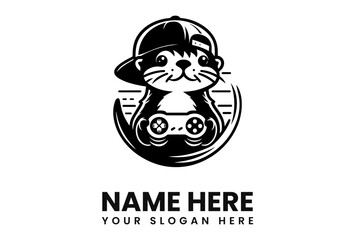 Cartoon otter wearing a cap, holding a game controller, Cute otter logo design, holding video game controller, stylized graphic.