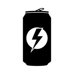 A black energy drink can with a white circle and a lightning bolt on a white background simple design