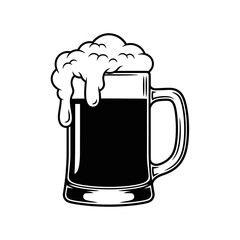 A black and white illustration of a beer mug filled with dark liquid and overflowing foam on top