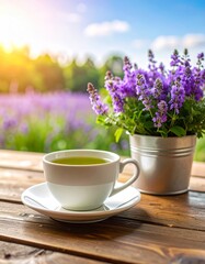 White ceramic cup of green tea with blooming purple flowers in a tin pot on wooden table, soft light and cozy calming morning atmosphere.