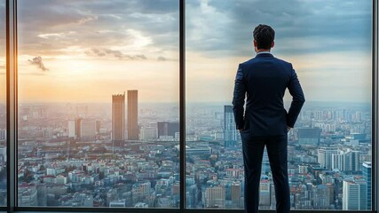 A business professional stands at a window in a high rise building observing the city skyline as the sun sets behind the skyscrapers