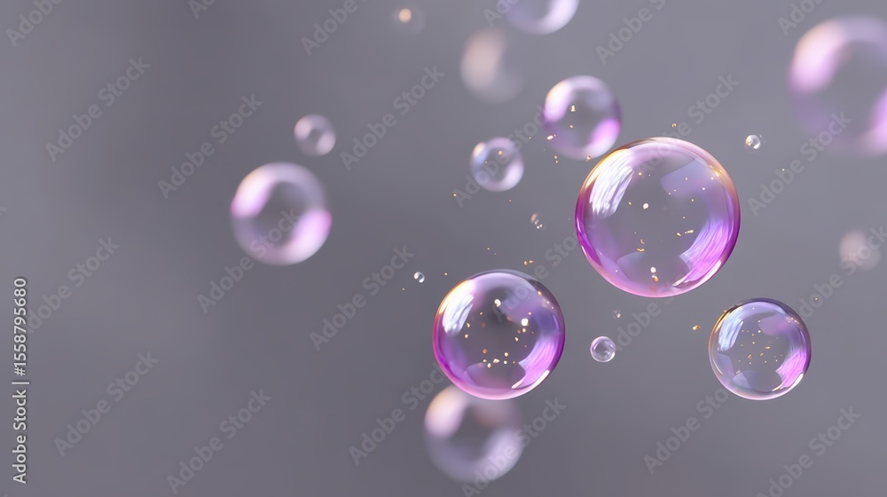 Poster ephemeral iridescence, a mesmerizing spectacle of translucent bubbles floating in the air, refractin