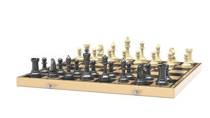 3D render of classic chess pieces set up on a board. Ideal for illustrating strategy, intelligence, business, or sports.