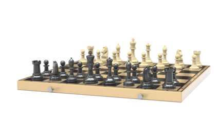 3D render of classic chess pieces set up on a board. Ideal for illustrating strategy, intelligence, business, or sports.