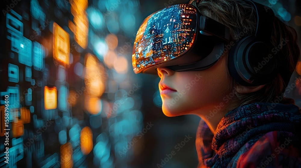 Poster a child exploring a virtual reality hacking into a digital world