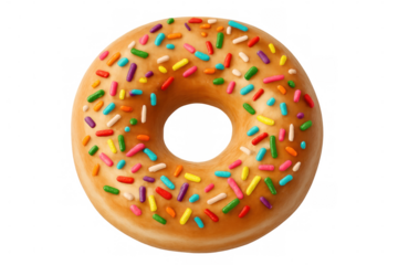 Sugary donut covered in colorful rainbow sprinkles, floating against transparent backdrop with bakery-style visual appeal