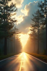 Small hedgehog in a radiant mood walking on an autumn path against a sunset background