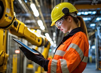 Female engineer using tablet near industrial robot arm in factory.