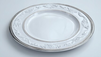 Elegant white platter with silver trim for serving food at formal dinners and special occasions