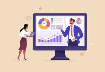 Obraz na płótnie Canvas Online Business Analytics Concept. Vector cartoon illustration of a video conference of two people discussing information graphics. Isolated on background.