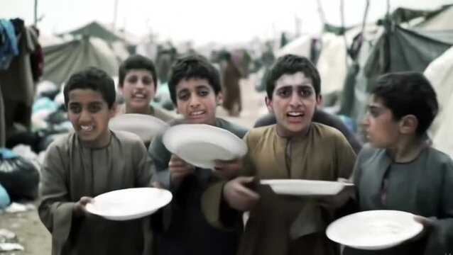 Children carrying empty plates and fighting for food because they are hungry