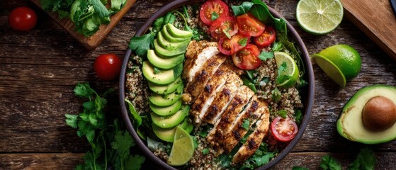 The delicious grilled chicken salad with avocado and vibrant vegetables.