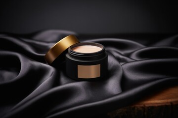 Matte Black Cosmetic Jar with Gold Lid on Silky Fabric Generative AI

