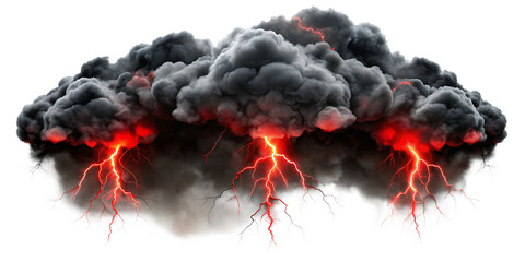 black clouds with red lightnings isolated on white background png , AI GENERATED