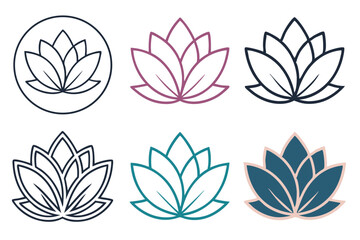 Collection of lotus flower icons with outline and fill variations