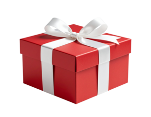 Red gift box with white ribbon and bow on a transparent background.