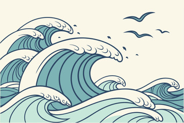 Calming seamless ocean waves vector pattern with abstract swirls