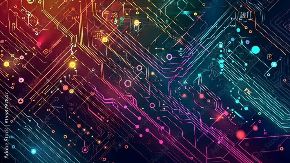 Poster bstract technological background with colorful geometric shapes, intricate circuitry patterns