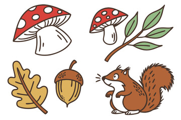 Charming woodland icons featuring mushrooms and acorns for nature themed designs