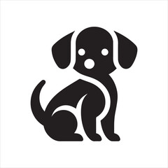 A stylized black and white illustration of a seated puppy with floppy ears and a curled tail.