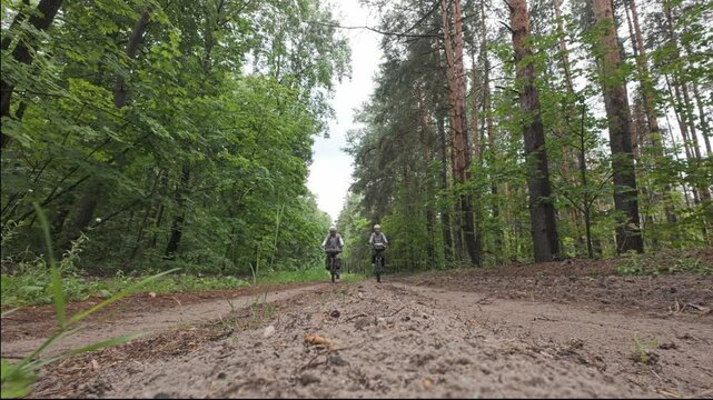 cycling in nature in wild places, bike-packing. Riding in the forest in the rain