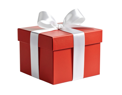 Red gift box with white ribbon and bow on a transparent background.