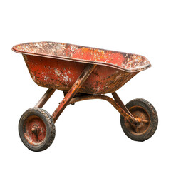Rusted red wheelbarrow isolated on black background old weathered construction tool