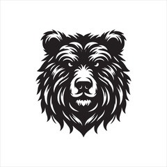 Obraz premium A stylized black and white illustration of a bear's head, featuring detailed fur and a strong, symmetrical design.
