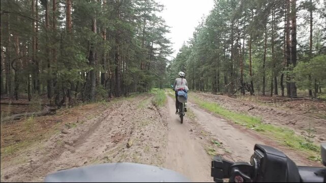 cycling in nature in wild places, bike-packing. Riding in the forest in the rain