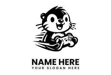 Cartoon otter playing video games with a controller, depicted in black and white.