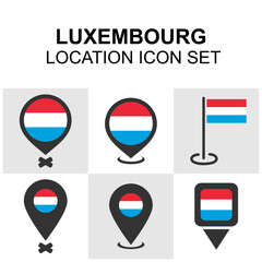 Luxembourg flag-based location markers in multiple styles for navigation, travel apps, and educational projects.