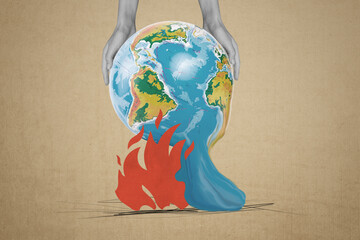 3d zine full image art collage of human hand hold globe earth planet melting drop flow disaster...