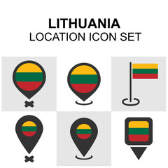 A clean set of Lithuania location icons featuring the national flag in various marker styles for digital maps and designs.