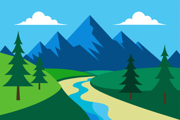 Fototapeta premium Serene Mountain River Landscape A Picturesque Vista of Nature's Beauty