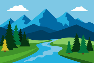 Fototapeta premium Serene Mountain River Landscape Majestic Peaks, Lush Forests, and Tranquil Waters