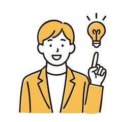 Man pointing upward light-bulb idea, minimal line art illustration
