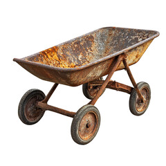 Rusty four wheeled garden cart isolated on black background
