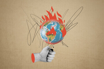 Zine banner full photo collage of hand hold lighter fire burn heat earth planet environmental...
