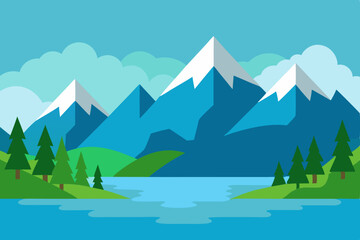 Naklejka premium Mountain landscape with snow-capped peaks, a serene lake, and a forest of trees under a vast sky with fluffy clouds