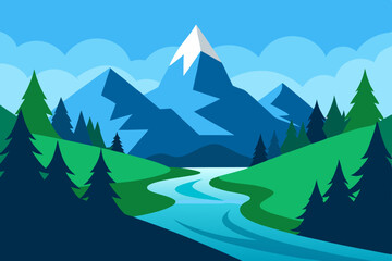 Fototapeta premium Here's a descriptive sentence for the image:A vector illustration of a winter mountain landscape with snow-covered trees and pine forests, perfect for a cold season or Christmas holiday design scene