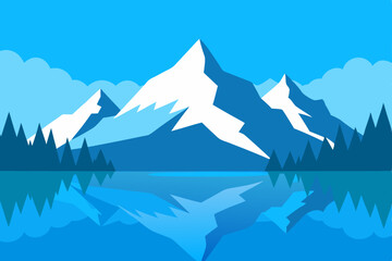 Snowy mountain landscape with a cold lake, peaks, and blue sky