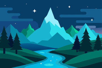 Fototapeta premium Moonlit winter forest and mountain landscape with snow-covered trees, a festive Christmas holiday design featuring snowflakes and stars