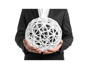 White Geodesic Sphere Held by Hands in Suit Geometric Design.