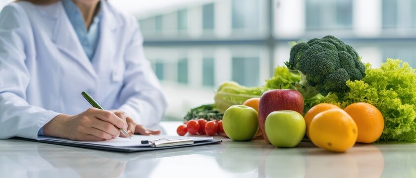 The nutritionist analyzing fresh fruits and vegetables for healthy living.